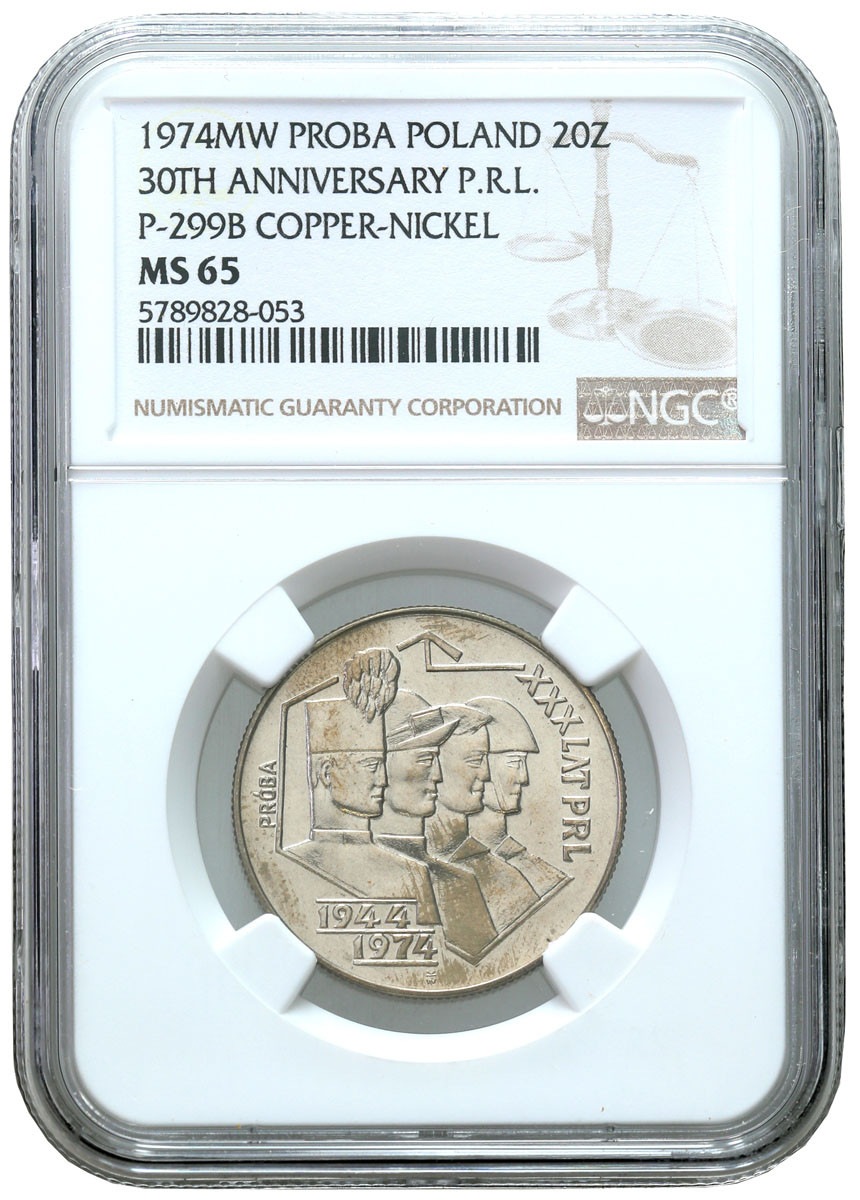 PRL. PRÓBA miedzionikiel 20 złotych 1974 XXX lat PRL - HYBRYDA, NGC MS65 (2 MAX)